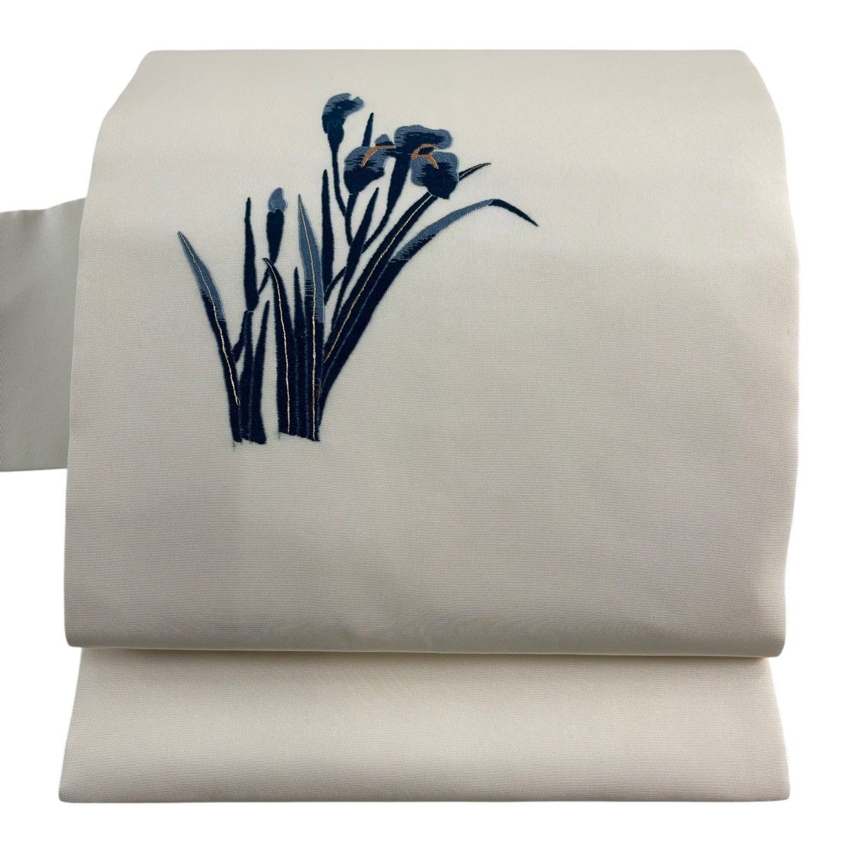 【美品】 名古屋帯 秀品 菖蒲 金糸 刺繍 クリーム 正絹 【中古】