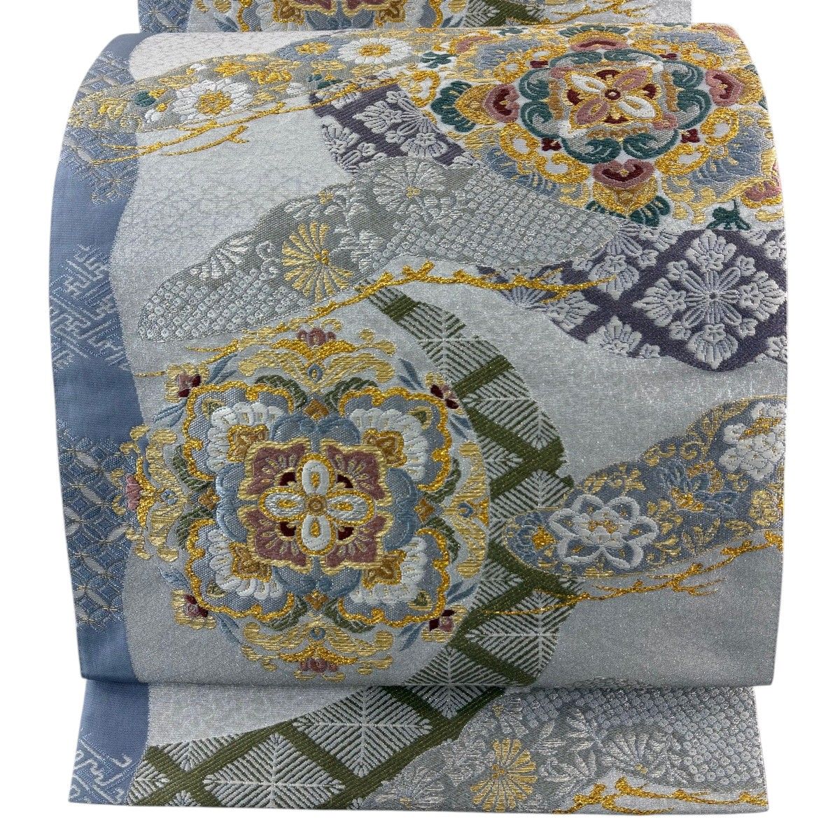【美品】 袋帯 秀品 振袖向き 華文 花唐草 金銀糸 箔 灰紫 六通 正絹 【中古】