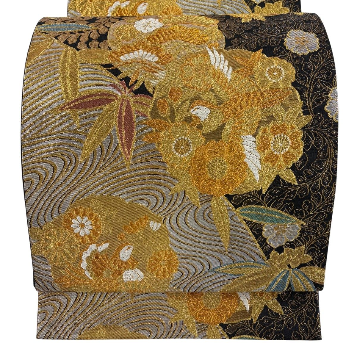 【美品】 袋帯 秀品 振袖向き 花丸文 鴛鴦 金糸 箔 金色 六通 正絹 【中古】 6,160円