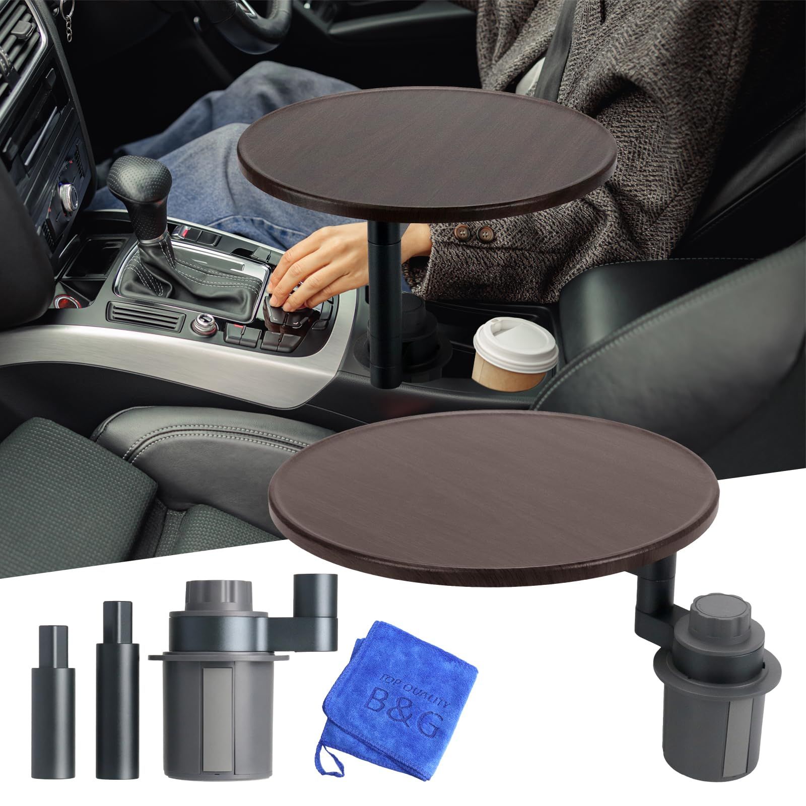 N【耐荷重15KG！強化型メタルアーム×4段階高さ調整】実用派車載テーブル｜一瞬で食事も作業も快適に｜カップホルダー固定 (丸形：ウォールナット) 3b987c41