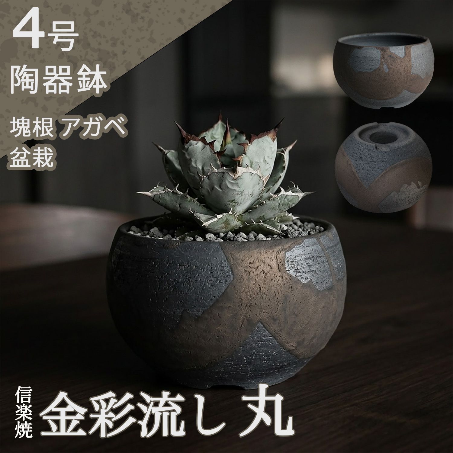 盆栽鉢 陶器鉢 金彩流し 丸 4号 信楽焼 Mサイズ マット アガベ 塊根