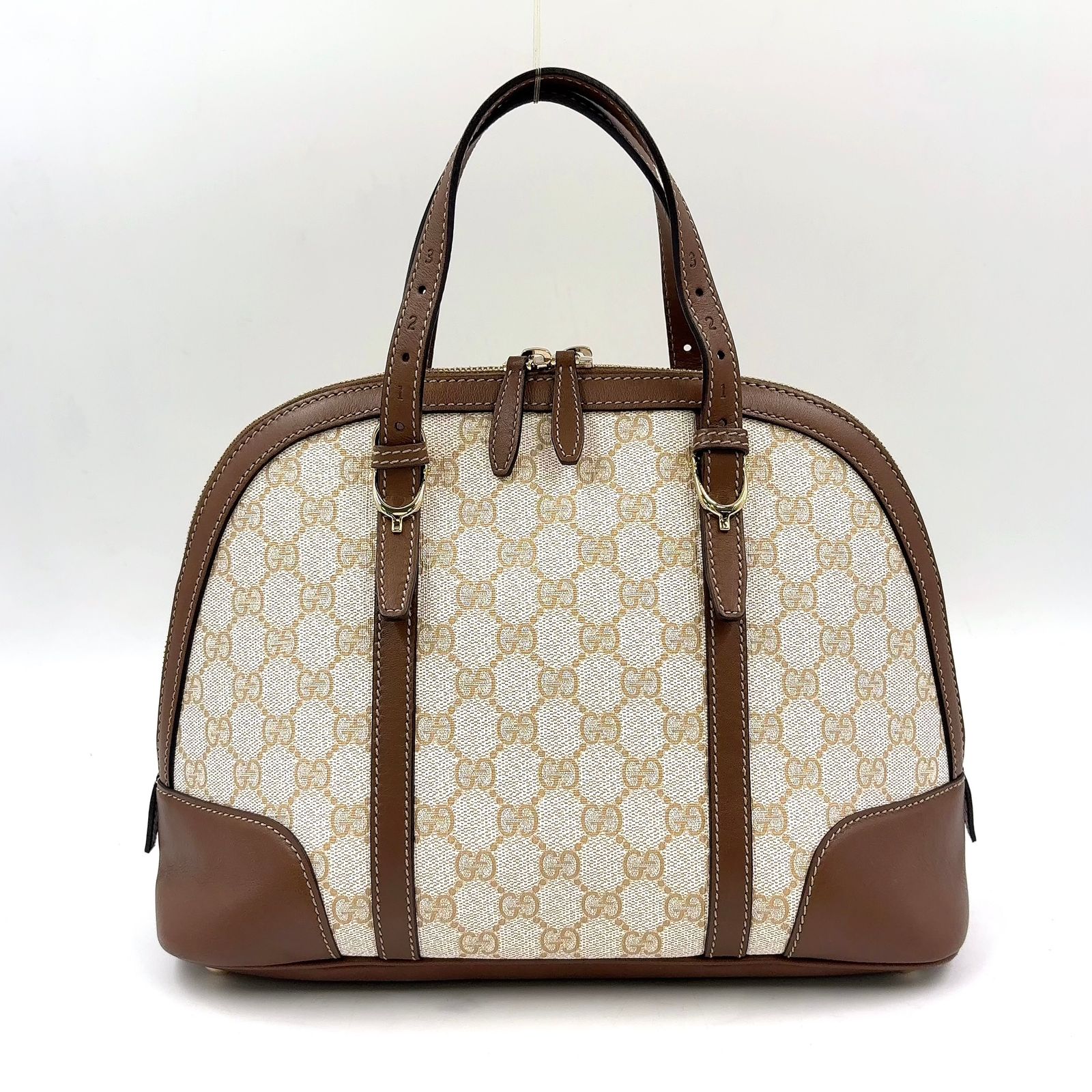 【新着】GUCCI ニース マイクログッチシマ レザー、キャンバス ダークブラウン、ベージュ ハンドバッグ ゴールド 309617
