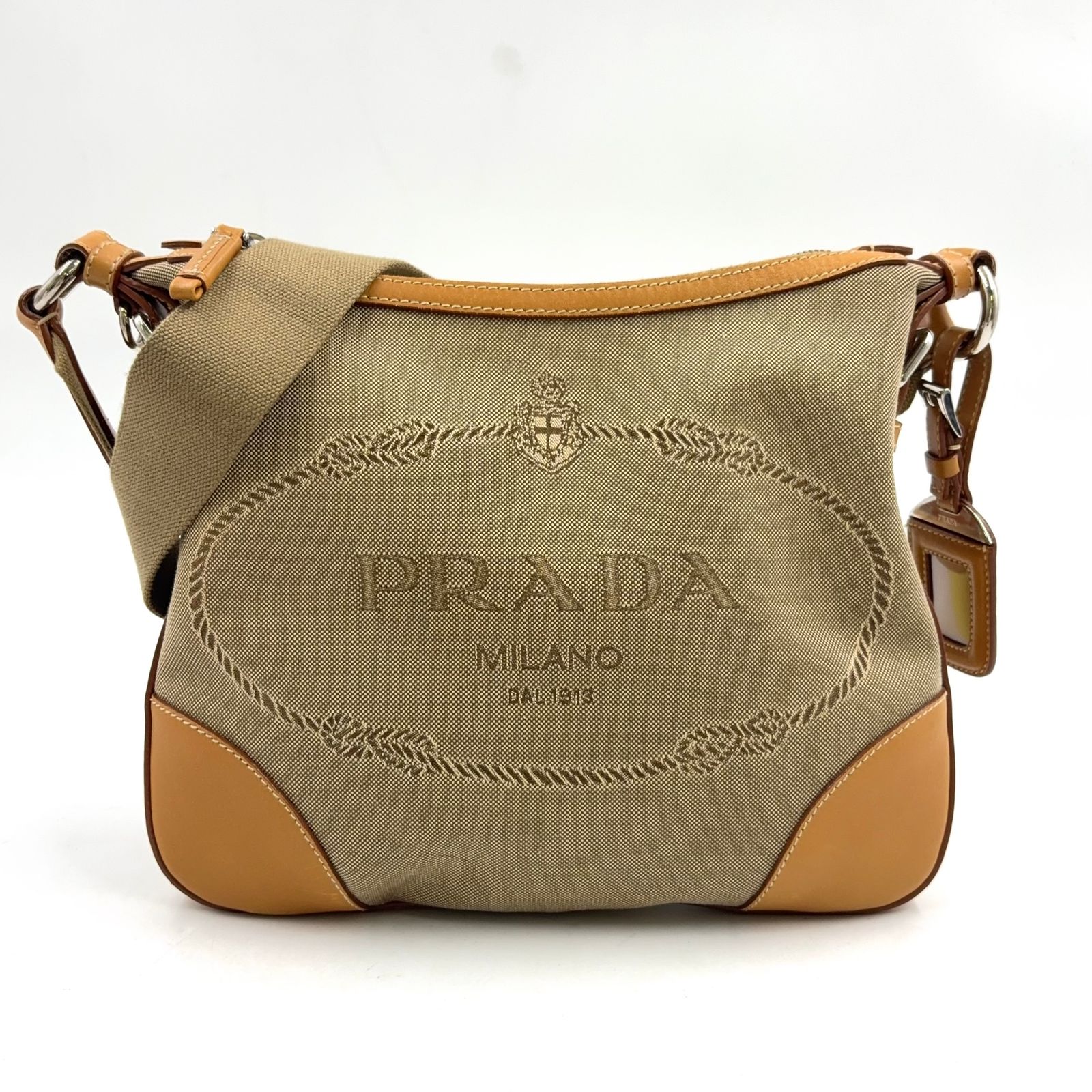 【新着】PRADA ロゴジャガード レザー、キャンバス ブラウン、ベージュ ショルダーバッグ シルバー