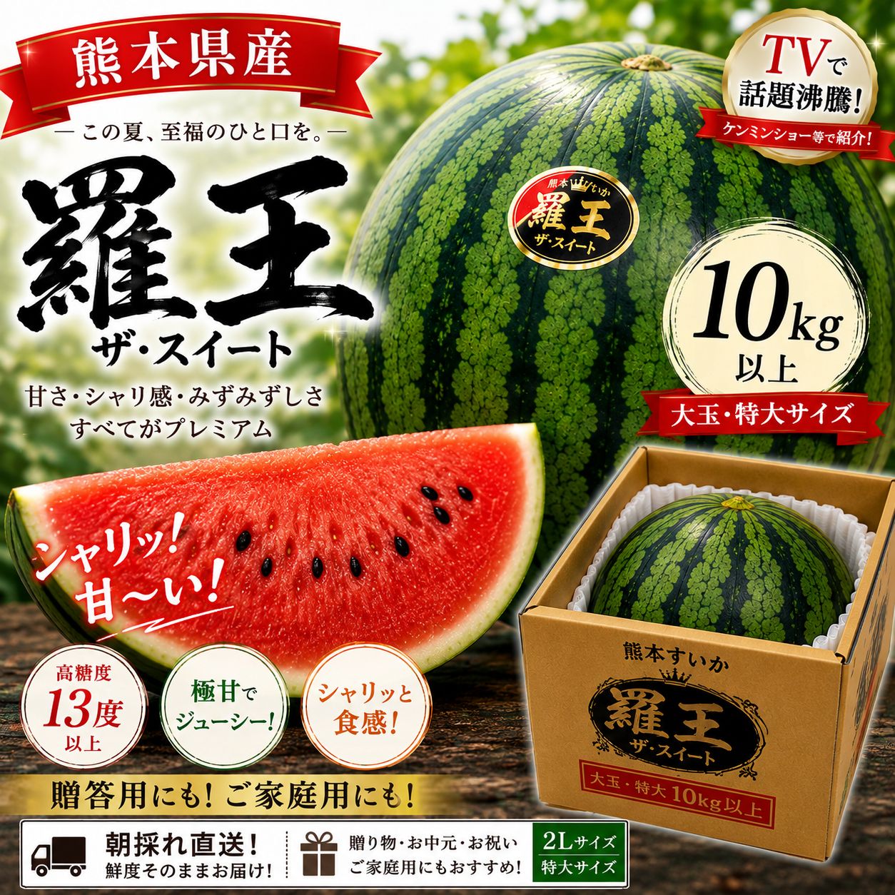 熊本県産 羅王ザ・スウィート 大玉スイカ 10kg以上 2玉セット 超大玉スイカ 羅王ザスイート！10kg以上〜 美味い！ 家庭用)羅皇ザ