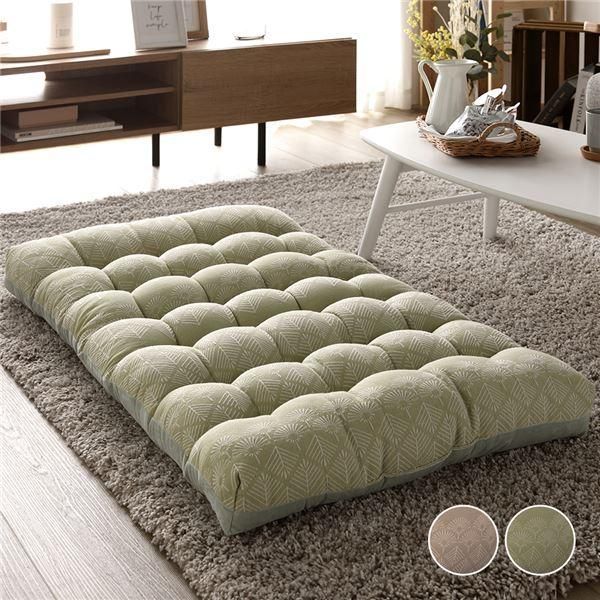 ds-もこもこ フロアクッション 約60×110cm グリーン 長座布団 座椅子 ごろ寝マット 和小紋 花柄 ジャガード織 ジャパンディ