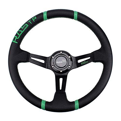 ★新品★MUTEKI ステアリング ハンドル 直径350mm 軽量アルミニウム レザー 車用 ステアリング クラシック 交換 ディープコーン レザー刺繍 ホーンボタン付き 汎用 （緑） 3524a542