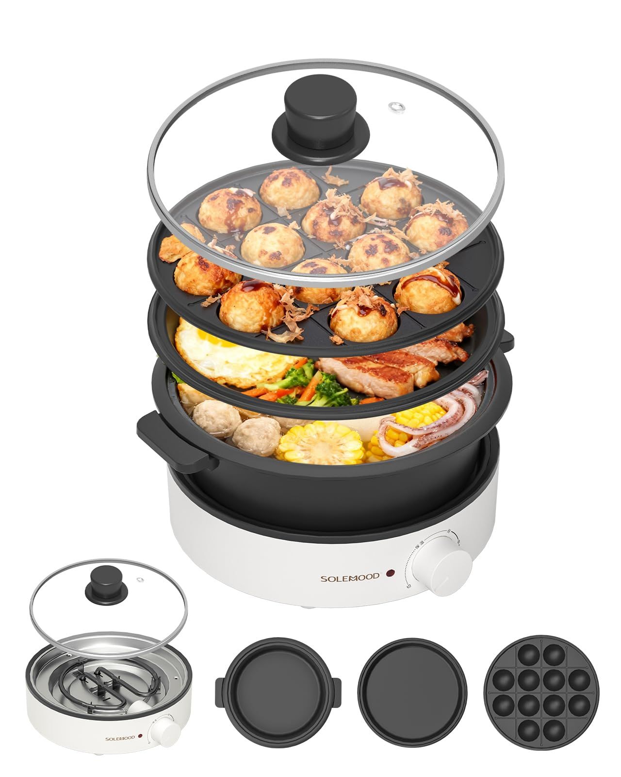 SOLEMOOD グリル鍋 電気鍋 3-in-1 1?2人用 1.8L大容量 ホットプレート 小型 ほっとぷれーと たこ焼き 焼肉 深鍋 しゃぶしゃぶ鍋 ガラス蓋付き 温度調節 多機能 日常料理 ホームパーティー 着脱式 持ち運び便利 コンパ b79f8223