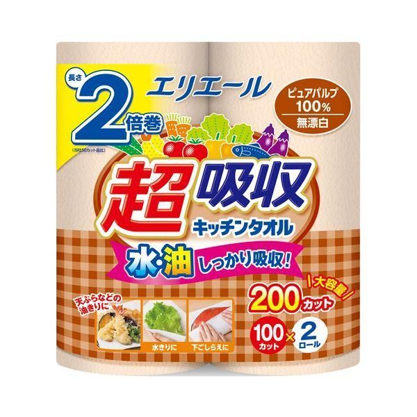 ds-大王製紙エリエール 超吸収キッチンタオル 無漂白 100カット／ロール 1セット（48ロール：2ロール×24パック） 9,264円