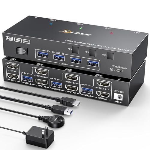 KCEVE HDMI デュアルモニター対応 KVMスイッチ 3台PC切替 USB3.0搭載 4K@60Hz/2K@120Hz対応 EDIDエミュレーション機能搭載 キーボード マウス共有 手元スイッチ付き 13,927円