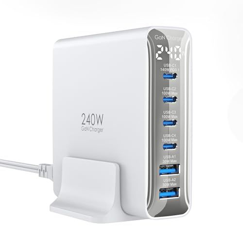 msTOPADRE 240w 充電器 PD3.1対応 6ポート同時急速充電【C1 単ポート140W MAX/ディスプレイ搭載 /1.5mケーブル付】USB コンセント GaNFast? 対応 PCに急速充電対応 MacBook Pro14”/16” 対応 Ma