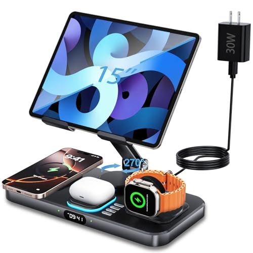 ms6in1 ワイヤレス充電器 i-phone/アップルウォッチ/air pods対応 iPad Pro 2025用有線充電スタンド デジタル時計付き | 多機能充電器、iPhone/Apple Watch/Air Pods対応ワイヤレス充電、Type-Cケー