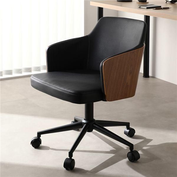 ds-デスクチェア 約幅53.5×奥行59.5×高さ76.5-85.5cm ブラック ソフトレザー×木目調 昇降式 回転式 キャスター付 パソコンチェア