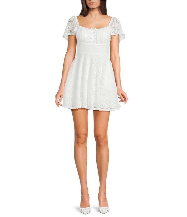 シティヴァイブ レディース トップス ワンピース レース City Vibe Lace Bow Front Short Sleeve Skater Dress Ivory アイボリー