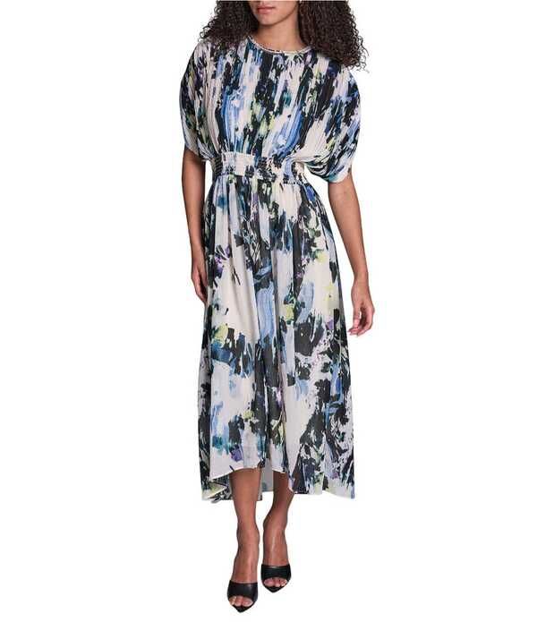 ビーシビージー レディース トップス ワンピース シフォン A ライン プリント ミディ BCBG Printed Crinkle Chiffon Crew Rhinestone Trim Neckl