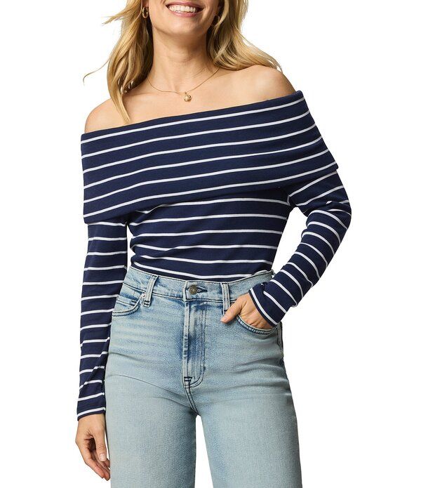 スプレンディット レディース トップス シャツ ニット Splendid Josie Stretch Knit Striped OffTheShoulder Long Sleeve Top NavyW