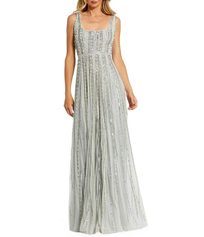 マックダガル レディース トップス ワンピース メッシュ Mac Duggal Striped Beaded Embellished Mesh Scoop Neck Thin Straps Gown