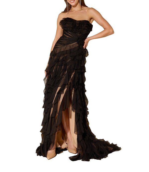 テラニクチュール レディース トップス ワンピース シフォン フリル ストラップレス Terani Couture Strapless Ruffle Chiffon Gown Black Nude ブ 93,940円