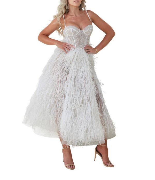 テラニクチュール レディース トップス ワンピース A ライン ミディ ノースリーブ Terani Couture Tulle Feather Bustier Illusioneckline Slee