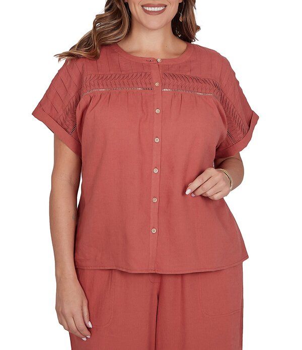 ルビーアールディー レディース トップス シャツ プラスサイズ リネン Ruby Rd Plusize Linen Blend Banded Round Neck Short Cuff Sleeve