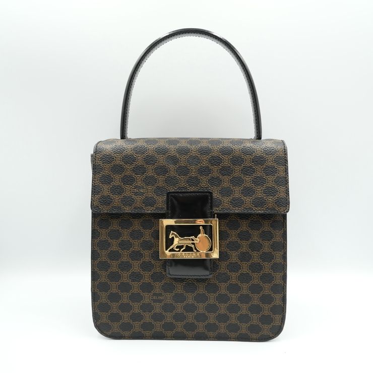 CELINE（セリーヌ）マカダム ヴィンテージ ハンドバッグ ホースキャリッジ 馬車金具 ブラック ブラウン PVC レザー ゴールド金具 レディース【中古】