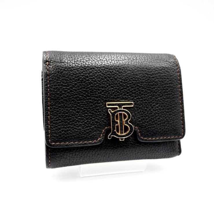 BURBERRY（バーバリー）TB フォールディングウォレット 三つ折り財布 ブラック グレイニーレザー TBロゴ ゴールド金具 レディース【中古】