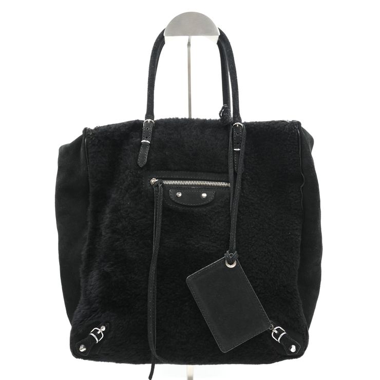BALENCIAGA（バレンシアガ）ペーパー ムートン トートバッグ ブラック シアリング レザー シルバー金具 355413 レディース【中古】