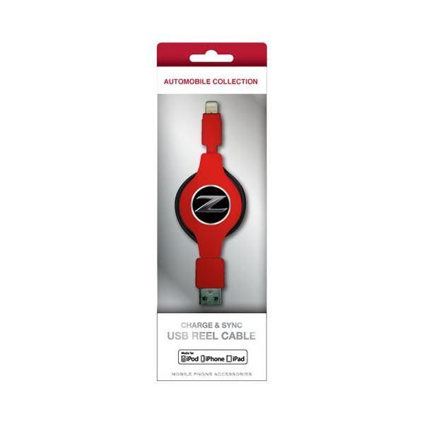 ds-(まとめ)NISSAN 公式ライセンス品 FAIRLADY Z CHARGE ＆ SYNC USB REEL CABLE FOR IPHONE RED NZMUJ-R1RD〔×2セット〕