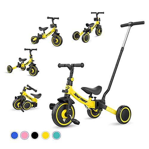 msbesrey 子供用三輪車 XIN1 三輪車 かじとり ランニングバイク ベビーカー 手押し棒 1歳から5歳まで 折りたたみ 軽量 ハンドル 調整可能 誕生日プレゼント お祝いギフト イエロー
