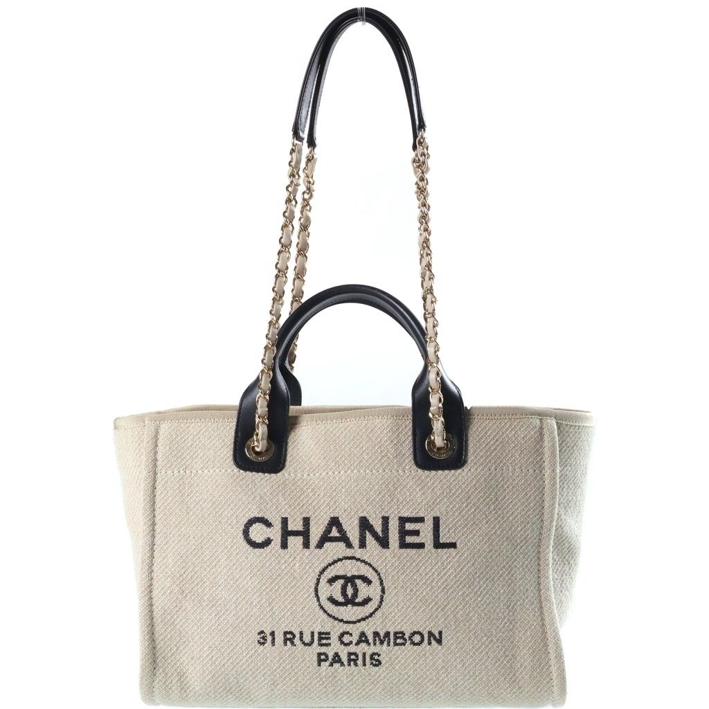 CHANEL (シャネル) ドーヴィルMM 2WAYショルダーバッグ チェーントートバッグ ハンドバッグ ベージュ×ブラック レザー×キャンバス ゴールド金具