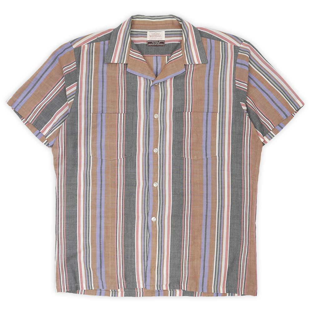 WHITEHALL 60s 70s 60-70年代 半袖 オープンカラーシャツ 開襟 MADE IN USA アメリカ製 ヴィンテージ 古着 メンズ シャツ ブラウン系 マルチストライプ柄 L【中古】