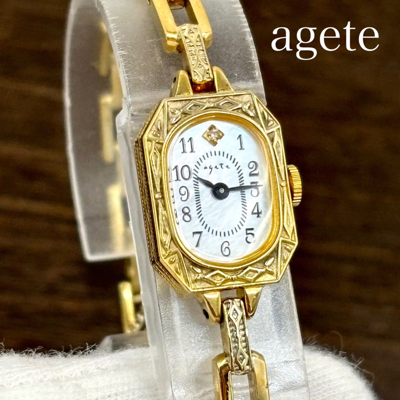 【稼働/SV925】agate/アガット 腕時計/ブレスウォッチ シェル文字盤 ダイヤ1P オクタゴン アラビアインデックス ゴールド/金 レディース