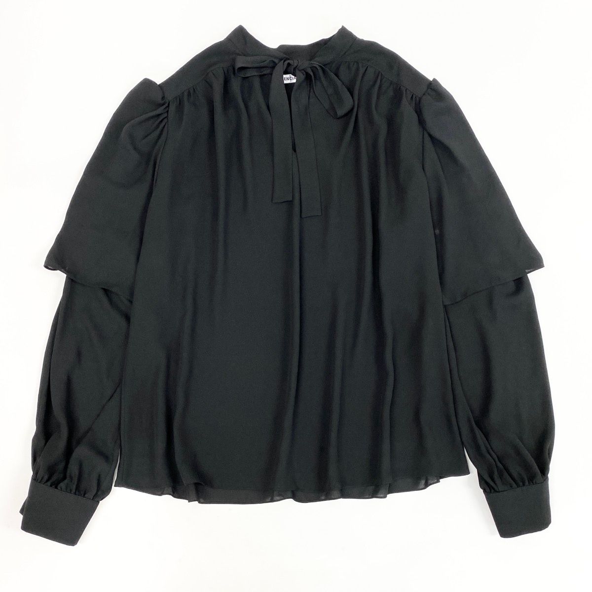 Eh10 BALENCIAGA バレンシアガ ボウタイブラウス シフォンブラウス リボン 袖レイヤード 長袖 605713 40 ブラック ポリエステル100％ レディース 女性用o07t