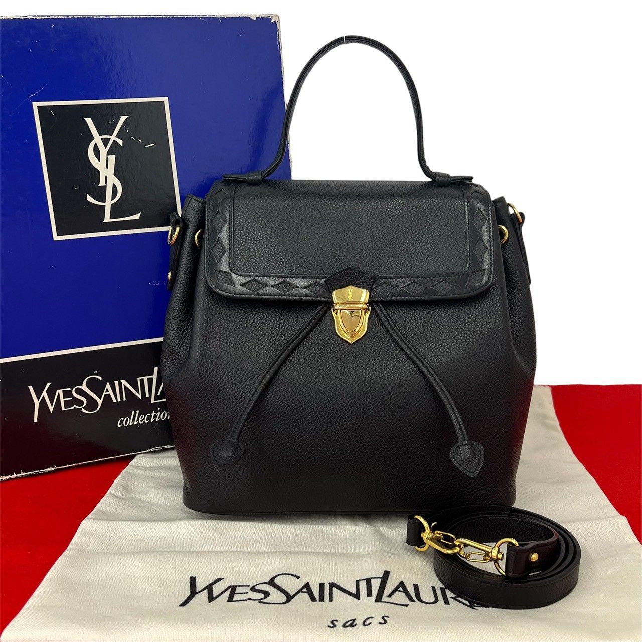 極 美品 YVES SAINT LAURENT イヴ・サンローラン YSL ロゴ カットアウト レザー 本革 2way ハンド ショルダーバッグ ブラック 37675 44,980円