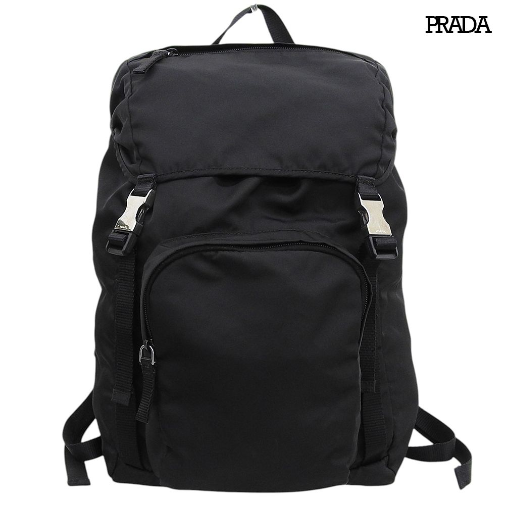 超美品 プラダ PRADA V135 トライアングル ロゴ テスートナイロン バックパック リュック シルバー金具 黒 ブラック