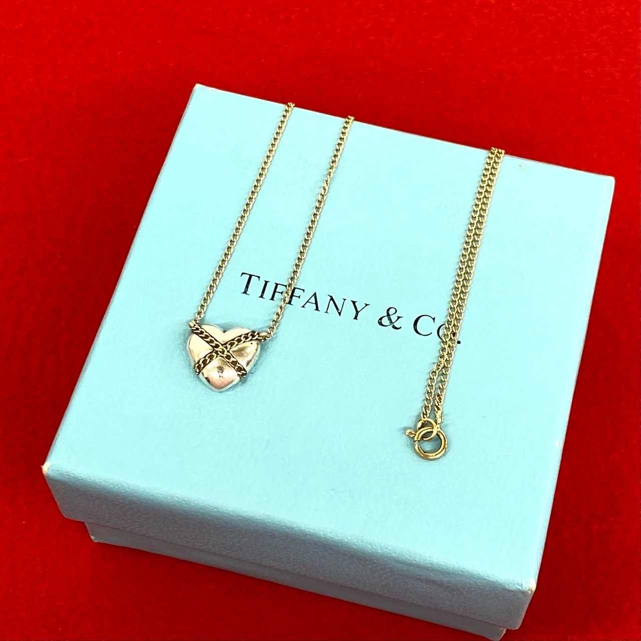 極 美品 TIFFANY&Co. ティファニー ヴィンテージ ハート クロス ネックレス シルバー925 K18イエローゴールド ペンダント シルバー 18518