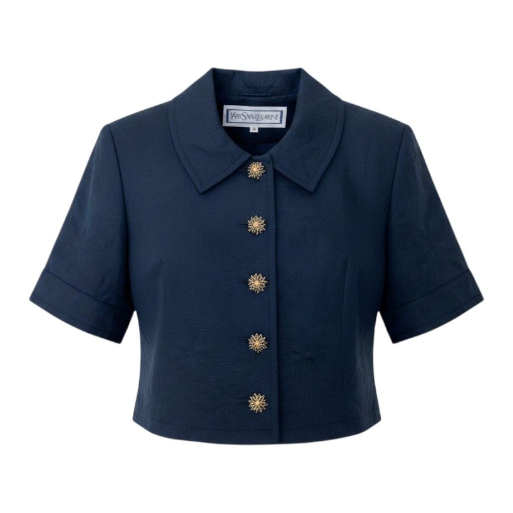 Eh10 YVES SAINT LAURENT イヴサンローラン ショートスリーブ 花柄ジャケット 飾りボタン M ネイビー コットン レディースo07t
