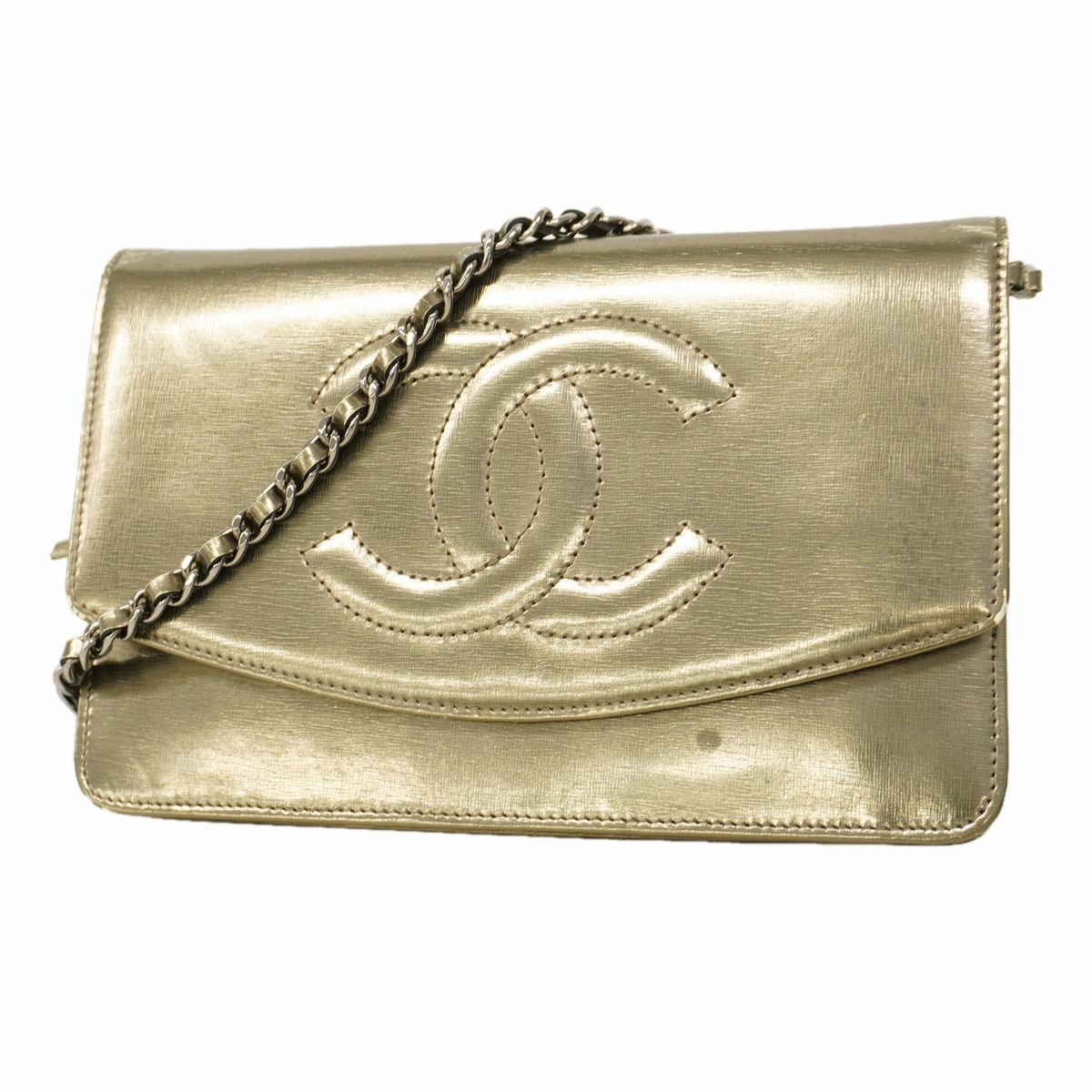 【6hb1096-k】シャネル ショルダーウォレット パテントレザー メタリックゴールド シルバー金具【中古】レディース