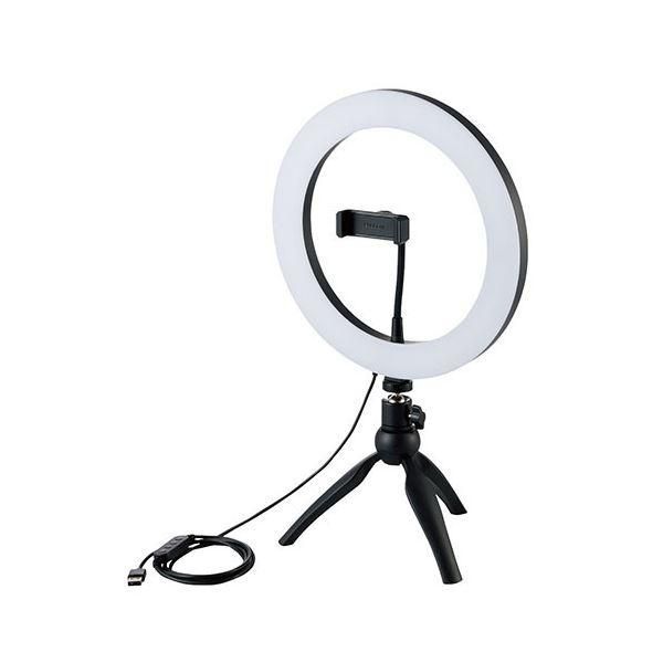 ds-エレコム LEDリングライト 自撮りライト 3色調光 最大1100lm 10段階調整 USB-A給電 動画配信 ミニ三脚スタンド付き ボールジョイント付き 26cm DE-L03BK
