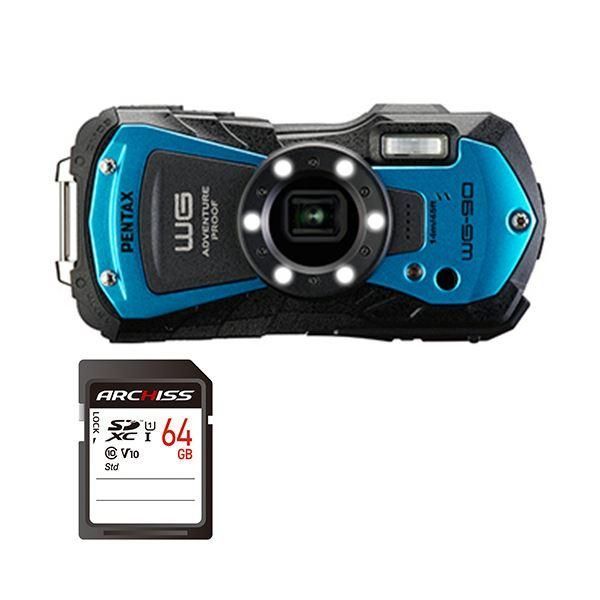 ds-デジタルカメラ PENTAX WG-90 BLUE ＋ 64GB SDXCメモリカード 1セット デジカメ カメラ 写真 PC パソコン 周辺機器 家電