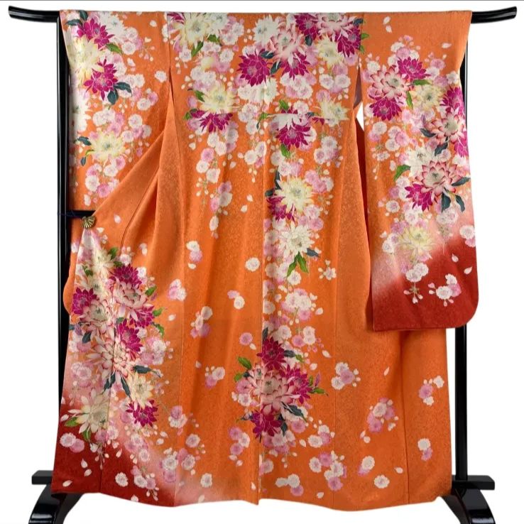 美品 振袖 身丈165cm 裄丈66cm 袷 草花 桜 金通し 金彩 オレンジ 正絹 逸品