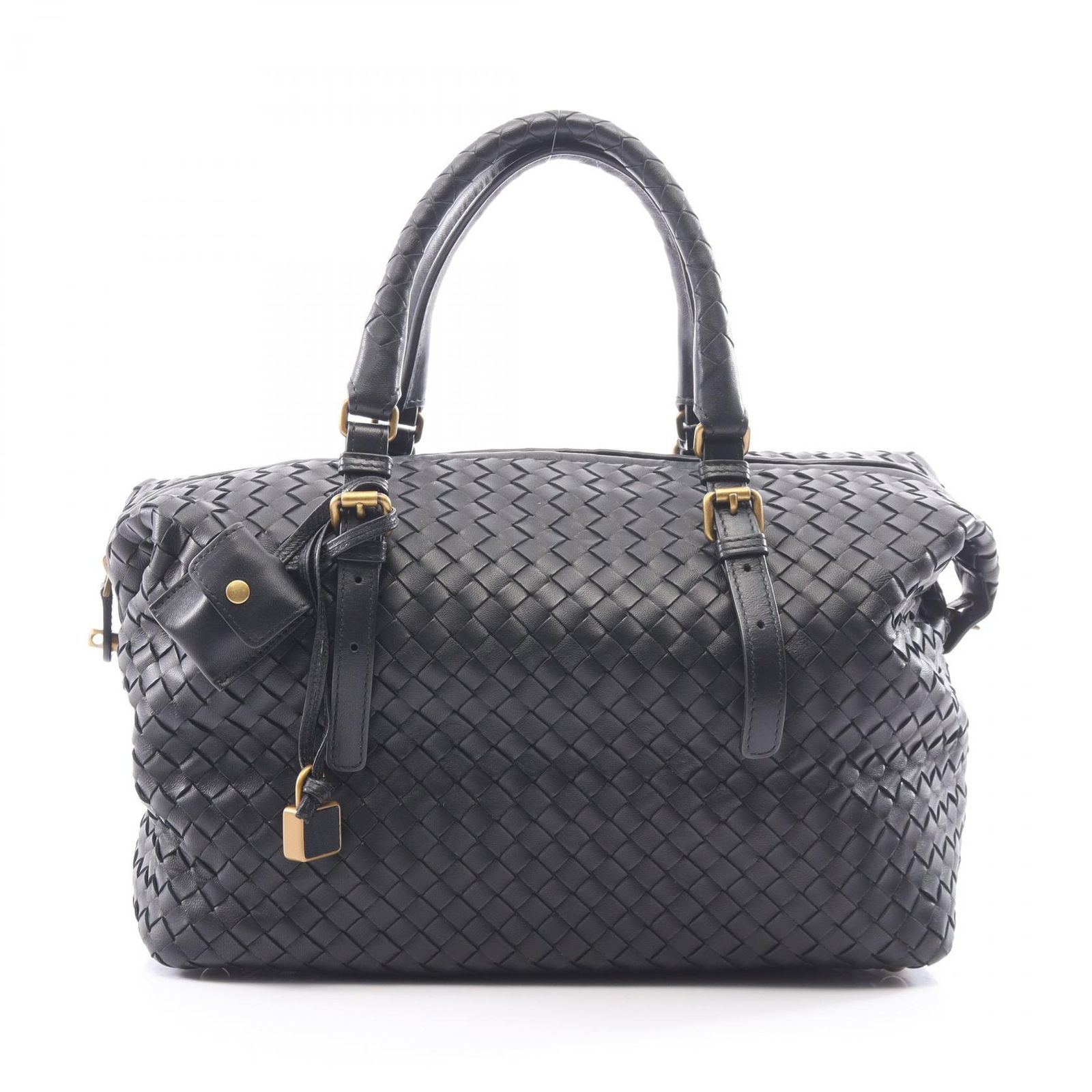 ボッテガヴェネタ BOTTEGA VENETA ハンドバッグ イントレチャート ブラック レザー イントレチャート ミニ ボストンバッグ レディース Used A