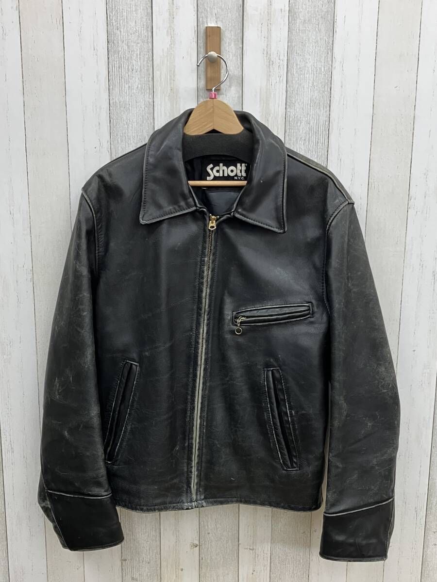 SCHOTT／ショット／襟付きシングルライダース 653／メンズ レザージャケット 黒 ブラック／アメカジ ブルゾン／USA製／38