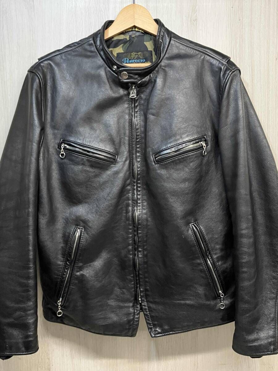 A BATHING APE × SCHOTT USA製 本革 レザー シングル ライダース ジャケット ア ベイシング エイプ ショット メンズ カモフラ ブラック 36,725円