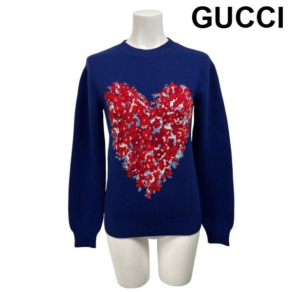 ●◆ グッチ GUCCI セーター 長袖 クルーネック ハート柄 蝶々柄 アレッサンドロ・ミケーレ期 ブルー 毛 S 7号 レディース S6I808