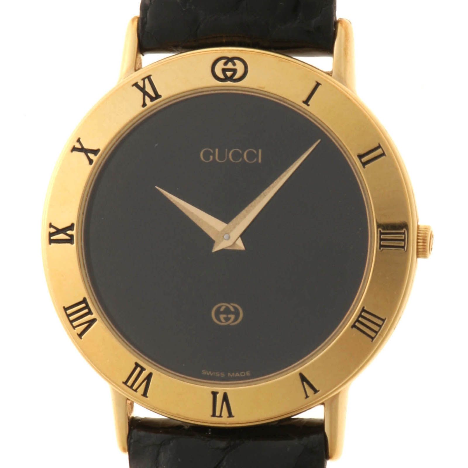 GUCCI グッチ 腕時計 3000M ゴールドメッキ/本革 ブラック文字盤 クオーツ メンズ時計 207【中古】2148104186553 17,152円