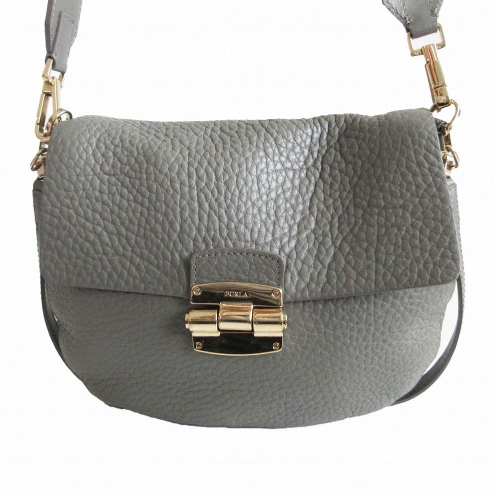 Furla フルラ ショルダーバッグ クラブS シュリンクレザー 2WAY シボ革 フラップ グレー レディース 【中古】