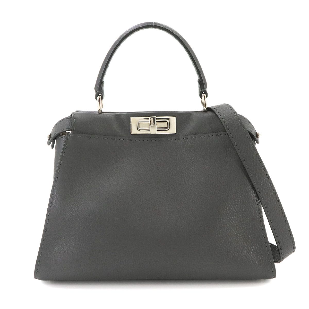 新品同様 フェンディ FENDI セレリア ピーカブー レギュラー 2way ハンド ショルダー バッグ レザー グレー 8BN290 90335934