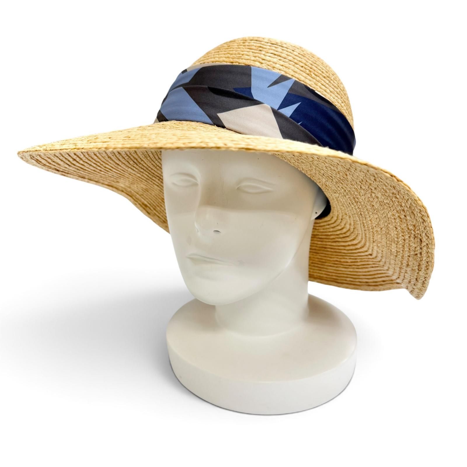 極美品△HERMES エルメス 2992 SEA SURF AMD FUN ラフィア100％ シルク使い ストローハット 麦わら帽子 ナチュラル 57 伊製 正規品 箱付 31,200円