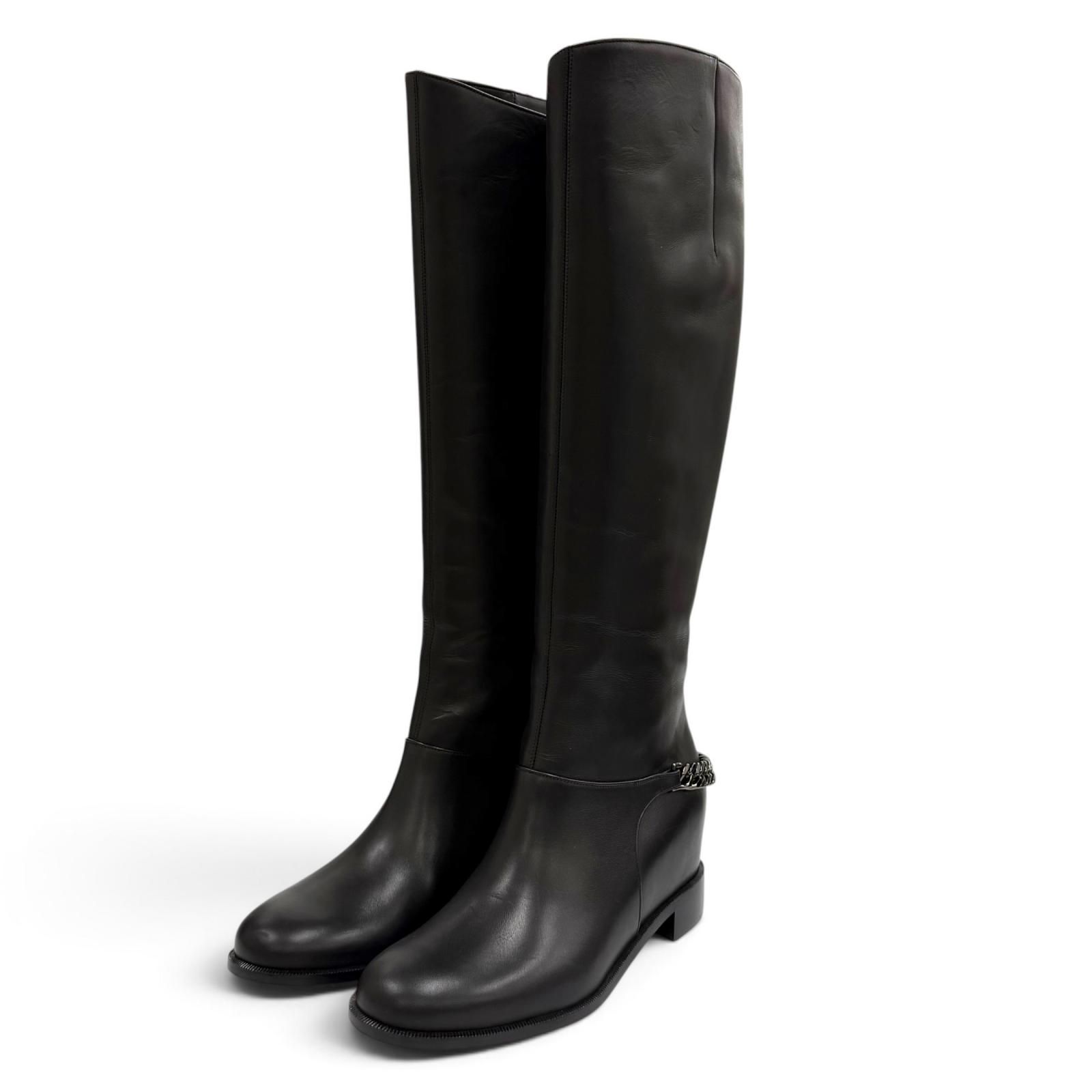 未使用品★Christian Louboutin クリスチャンルブタン 3130073 CATE BOOT FLAT CALF チェーン装飾 レザー ロングブーツ 38.5 保存袋付