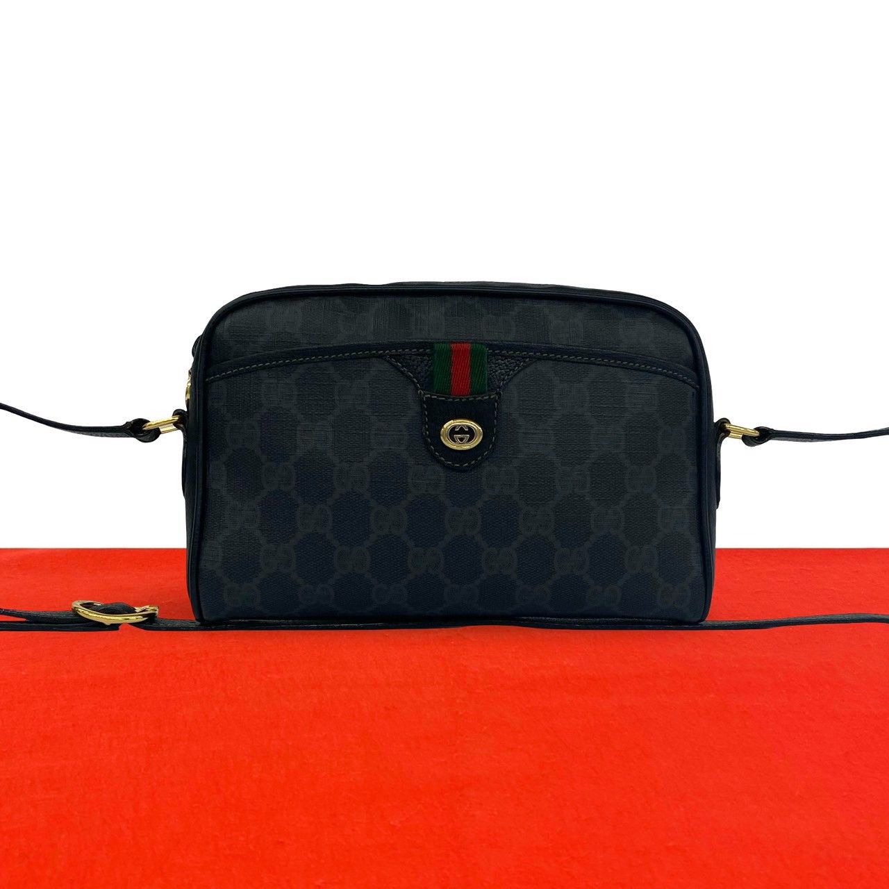 極 美品 GUCCI グッチ オールドグッチ シェリーライン GG ロゴ 柄 レザー 本革 ミニ ショルダーバッグ ポシェット ブラック 23659